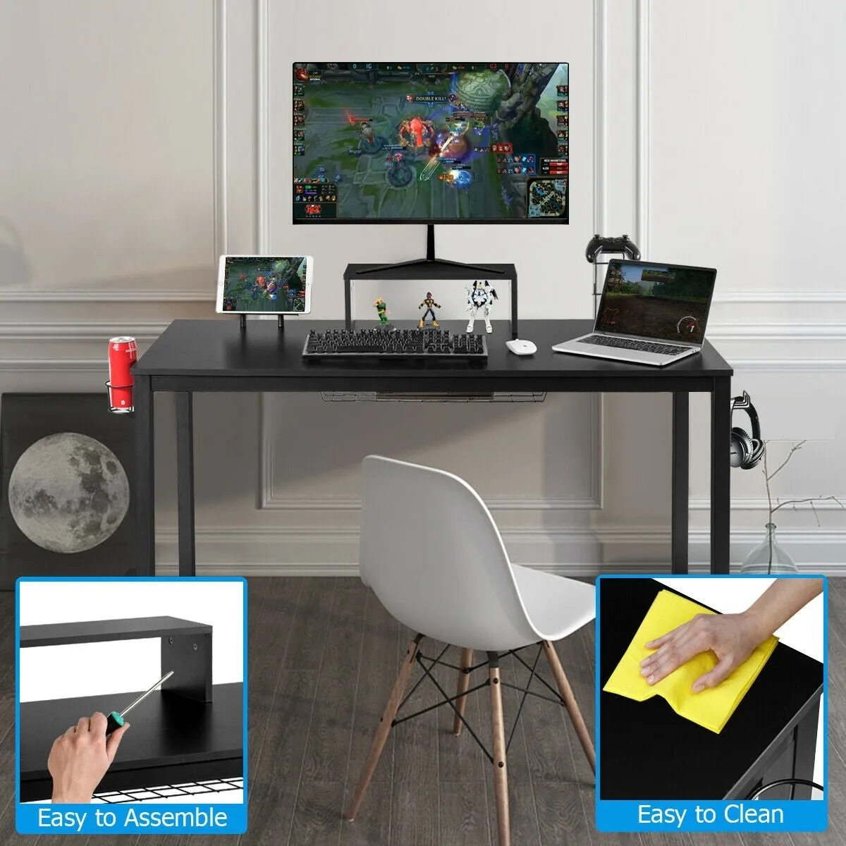 55" Gaming Desk with Monitor Shelf - Black