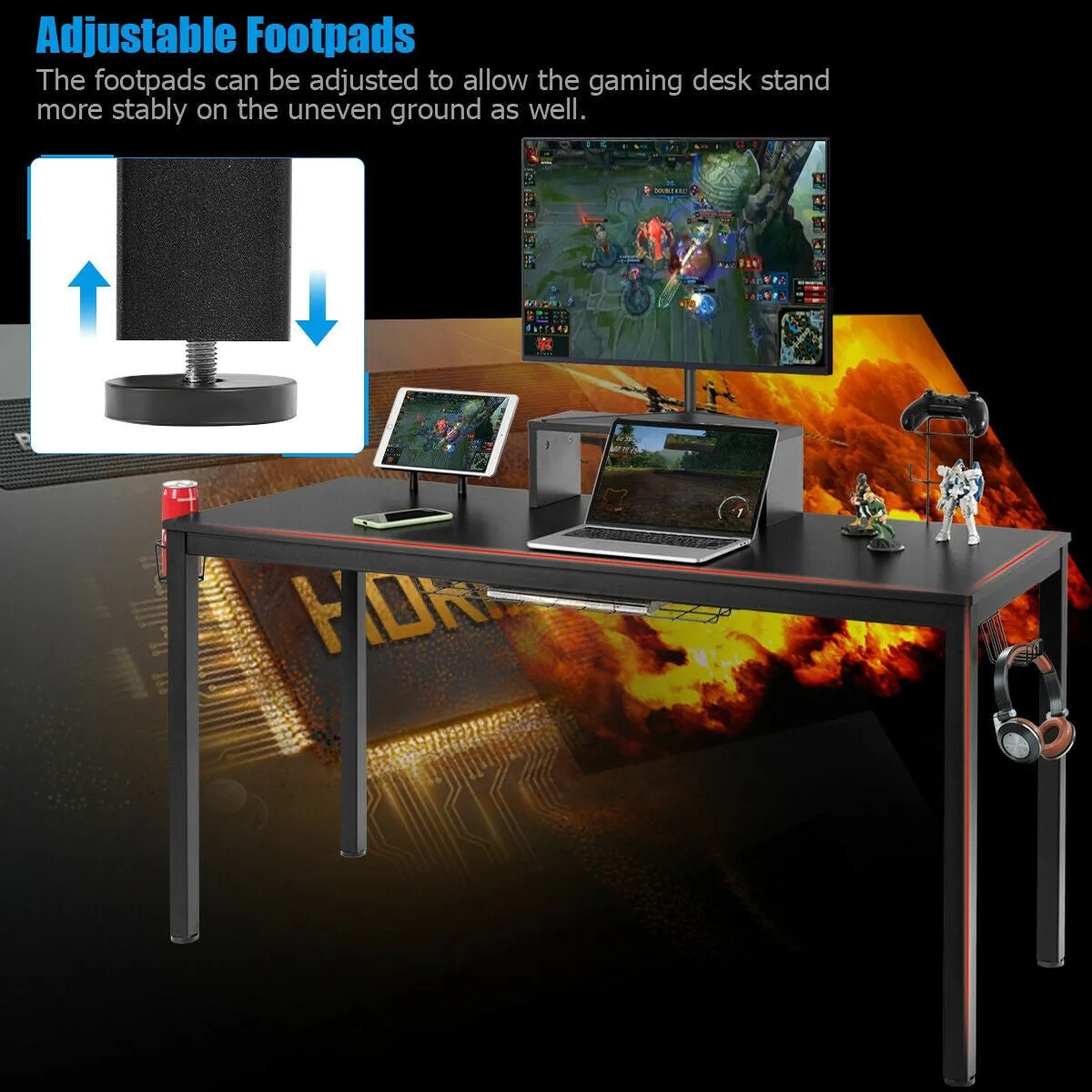 55" Gaming Desk with Monitor Shelf - Black