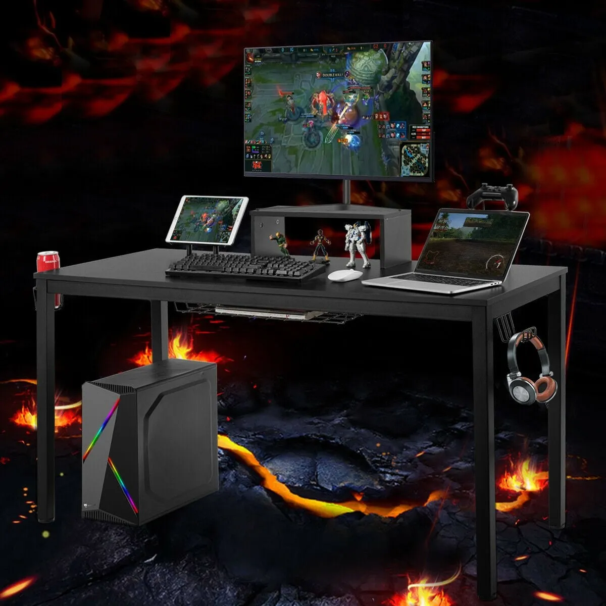 55" Gaming Desk with Monitor Shelf - Black