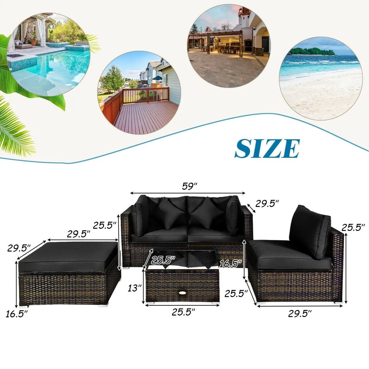 5pc Outdoor Patio Rattan Furniture Set - Black