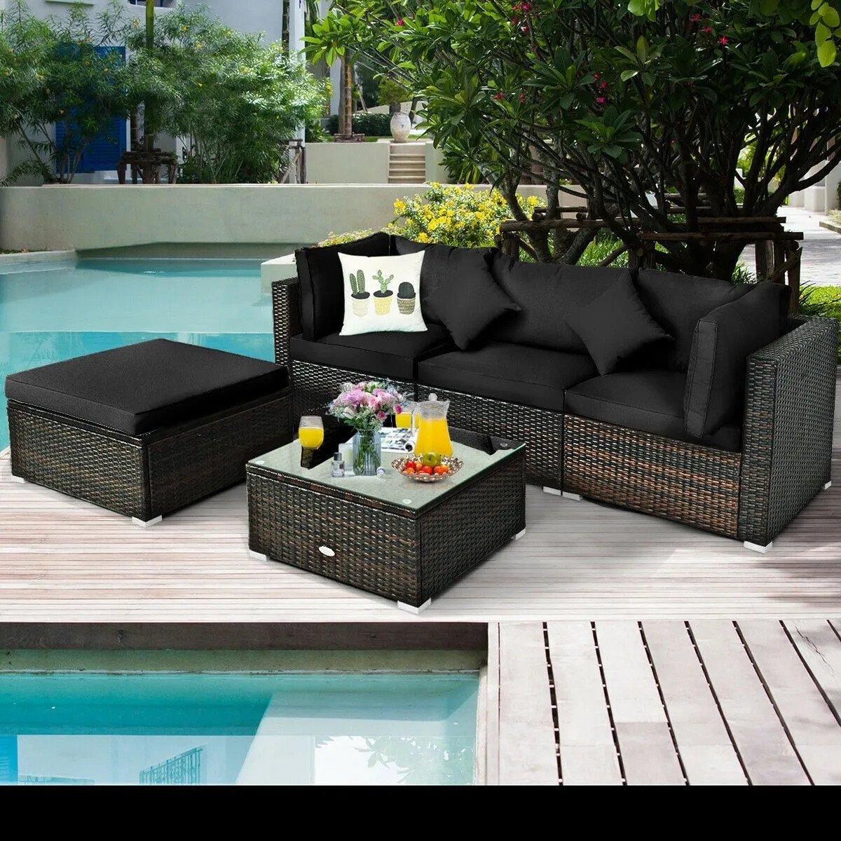 5pc Outdoor Patio Rattan Furniture Set - Black