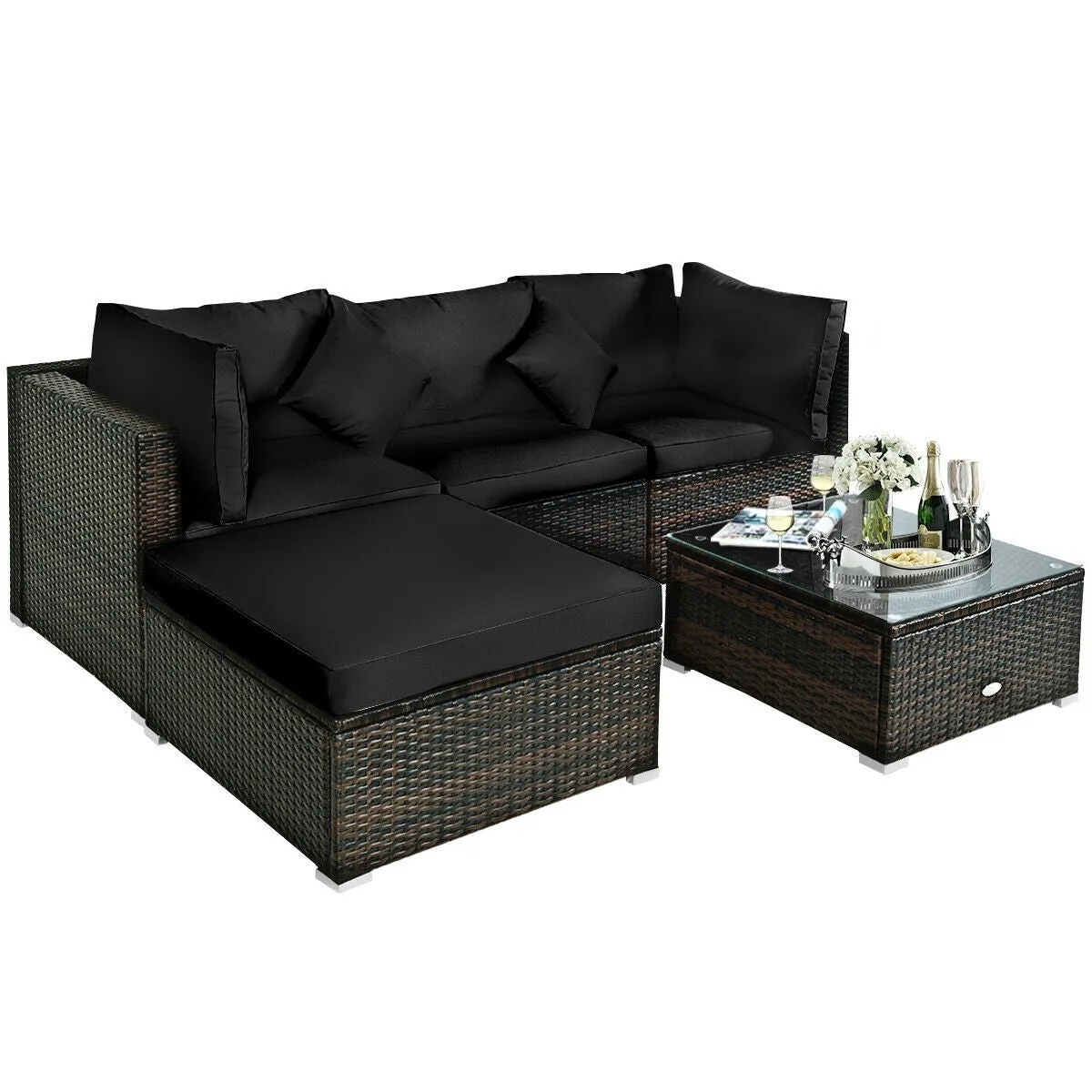 5pc Outdoor Patio Rattan Furniture Set - Black