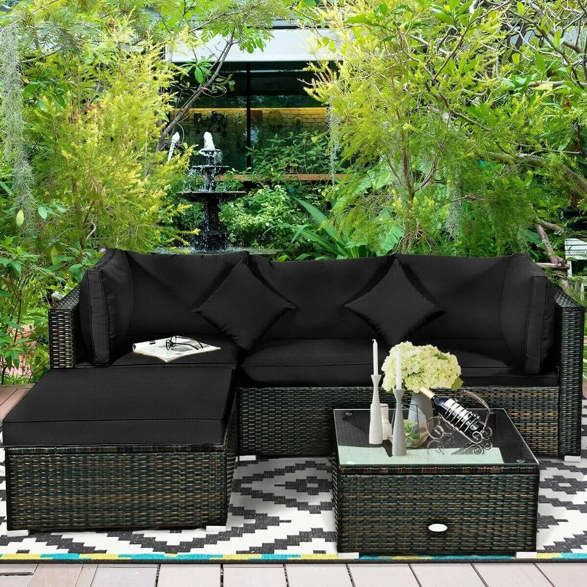 5pc Outdoor Patio Rattan Furniture Set - Black