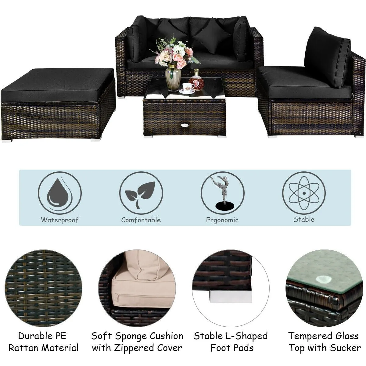 5pc Outdoor Patio Rattan Furniture Set - Black