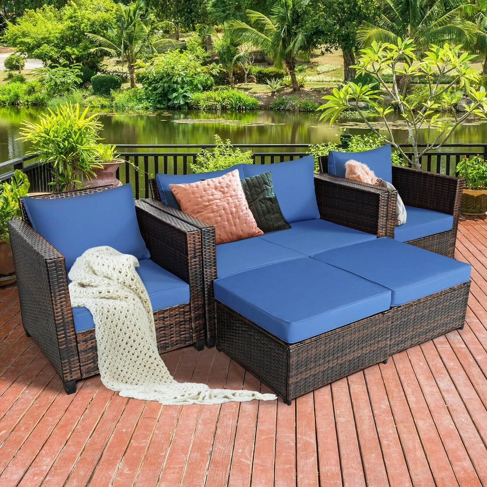 5pc Wicker Rattan Patio Cushioned Furniture Set - Navy