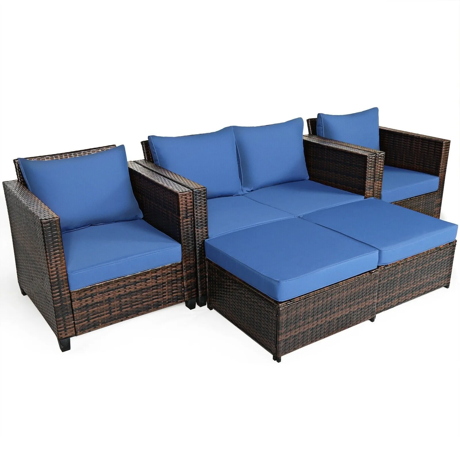 5pc Wicker Rattan Patio Cushioned Furniture Set - Navy