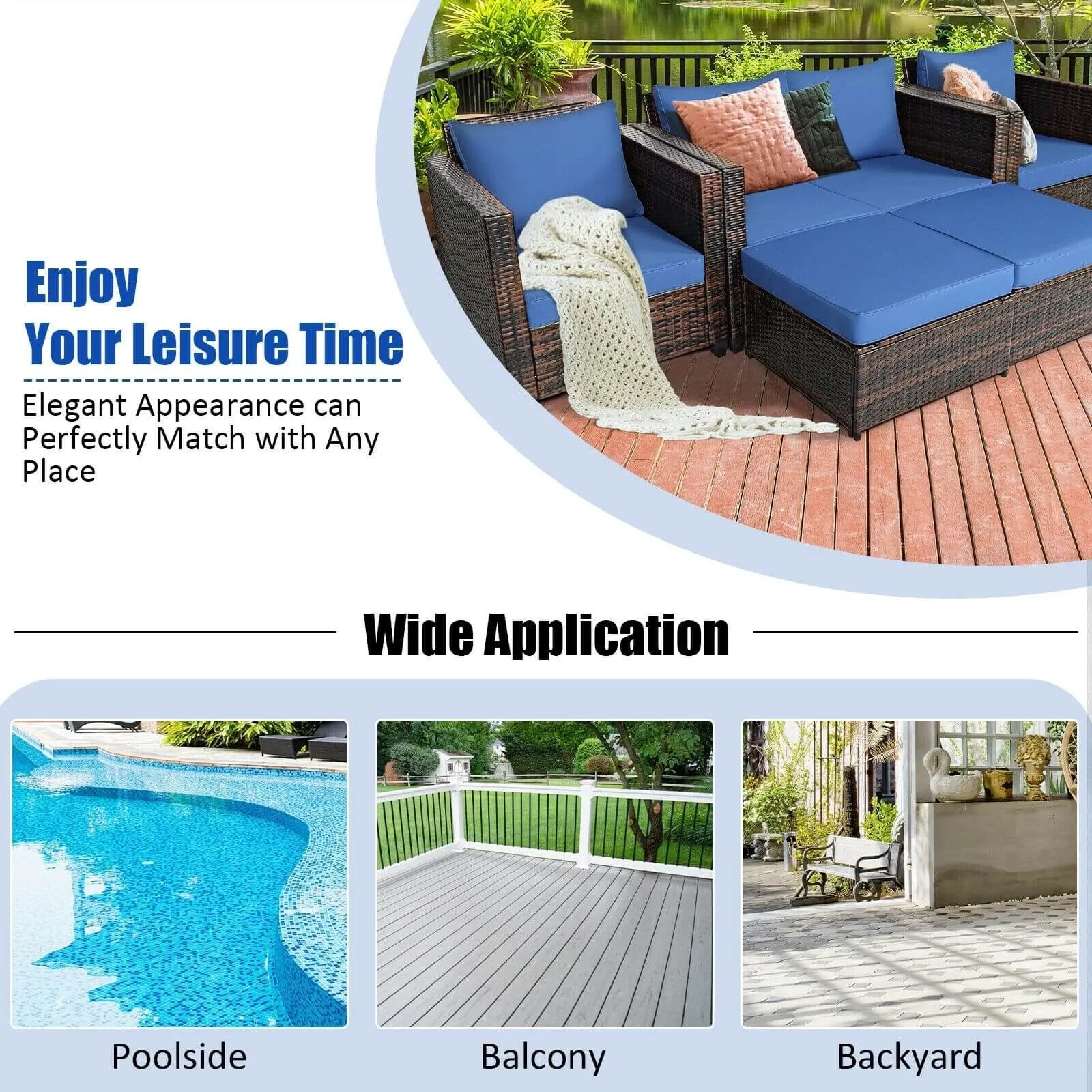 5pc Wicker Rattan Patio Cushioned Furniture Set - Navy