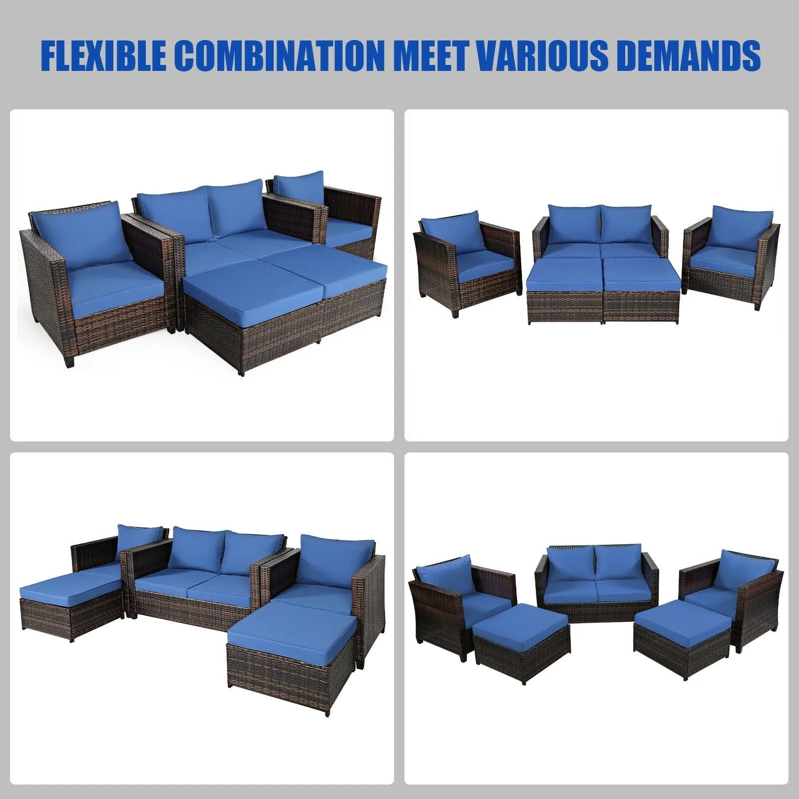 5pc Wicker Rattan Patio Cushioned Furniture Set - Navy