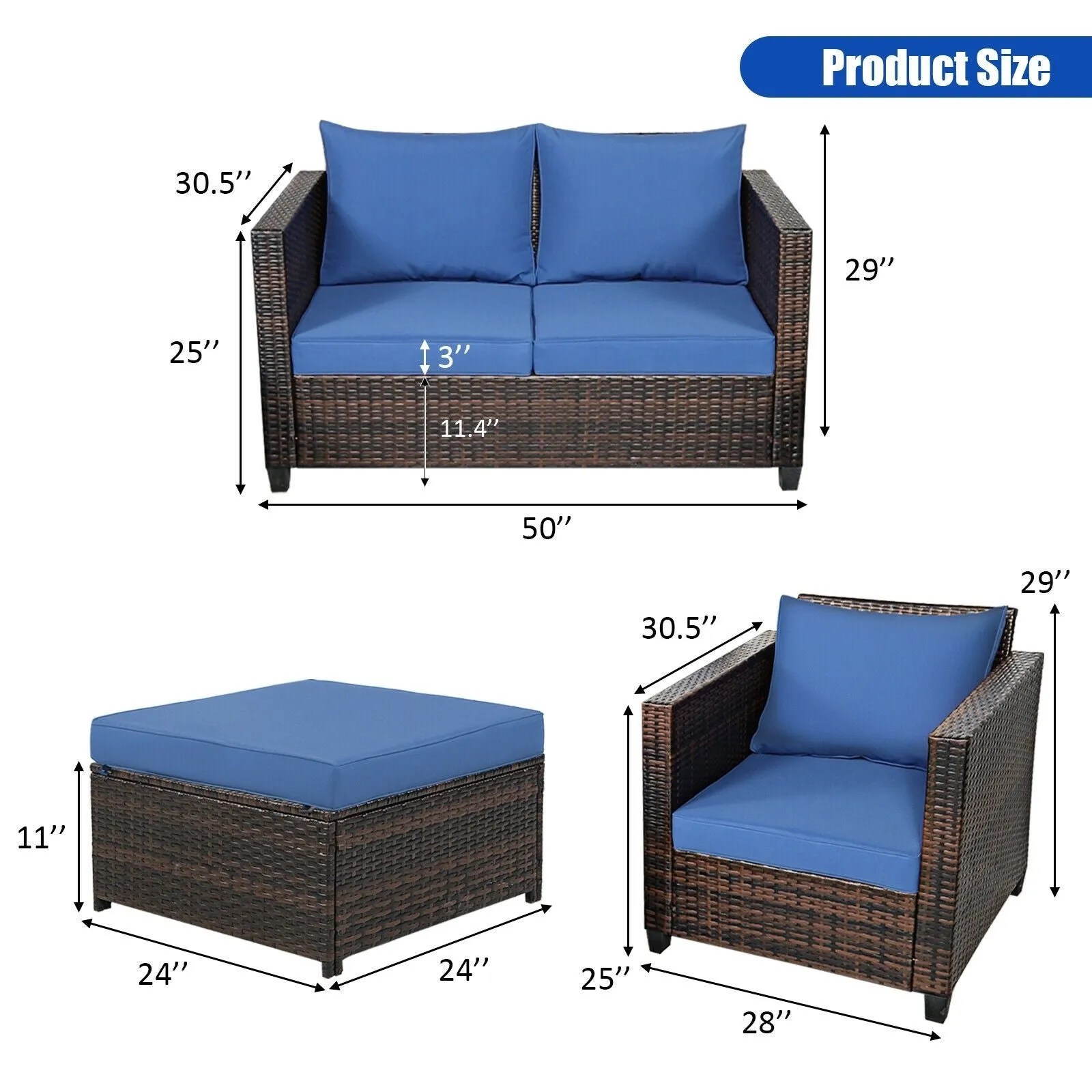 5pc Wicker Rattan Patio Cushioned Furniture Set - Navy