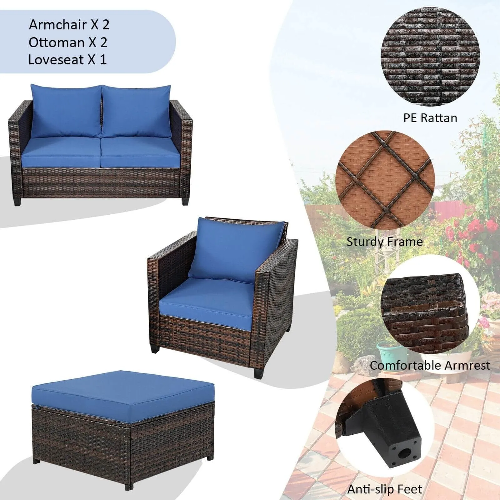 5pc Wicker Rattan Patio Cushioned Furniture Set - Navy