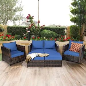 5pc Wicker Rattan Patio Cushioned Furniture Set - Navy