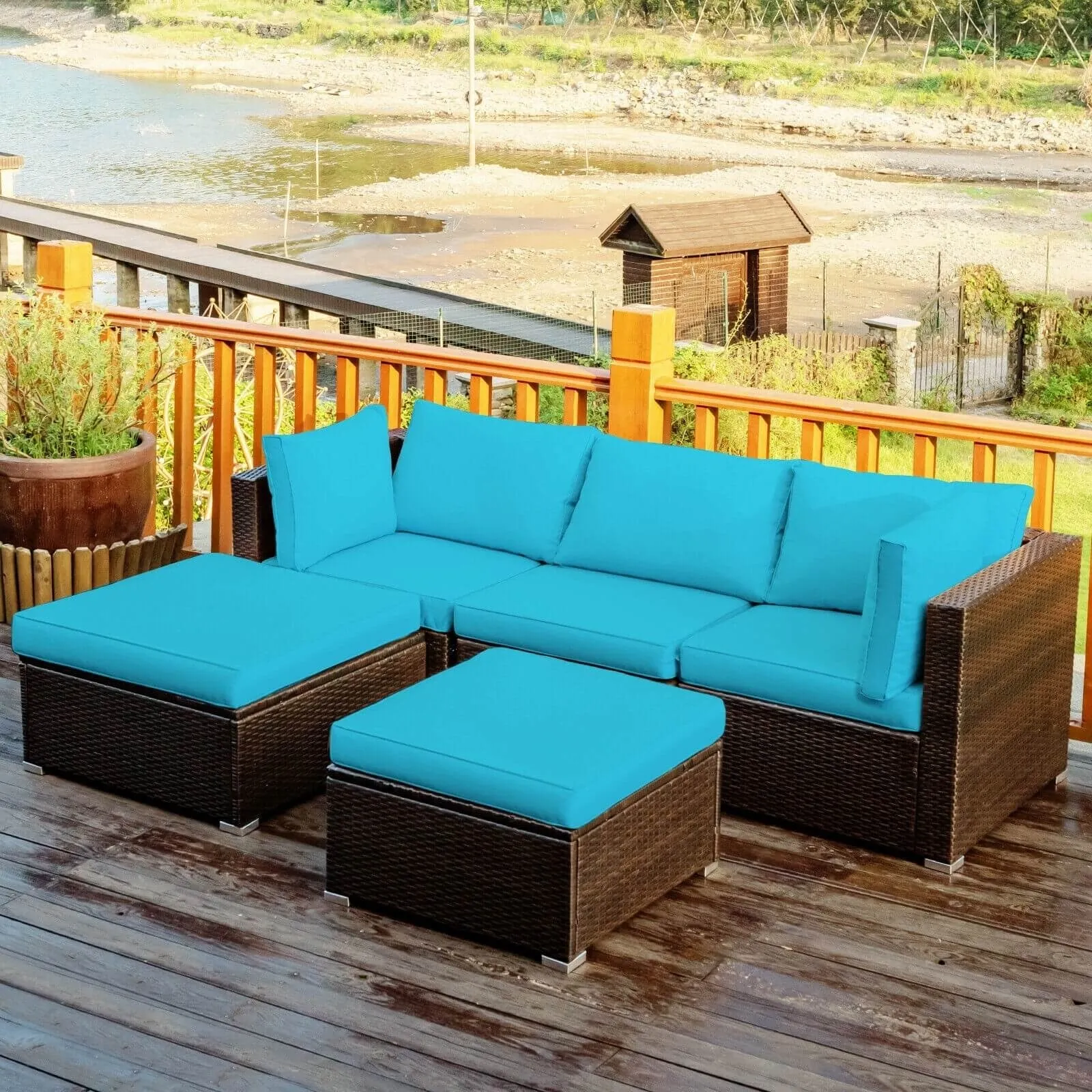 5pc Wicker Rattan Patio Sofa Set with Cushion and Ottoman - Turquoise