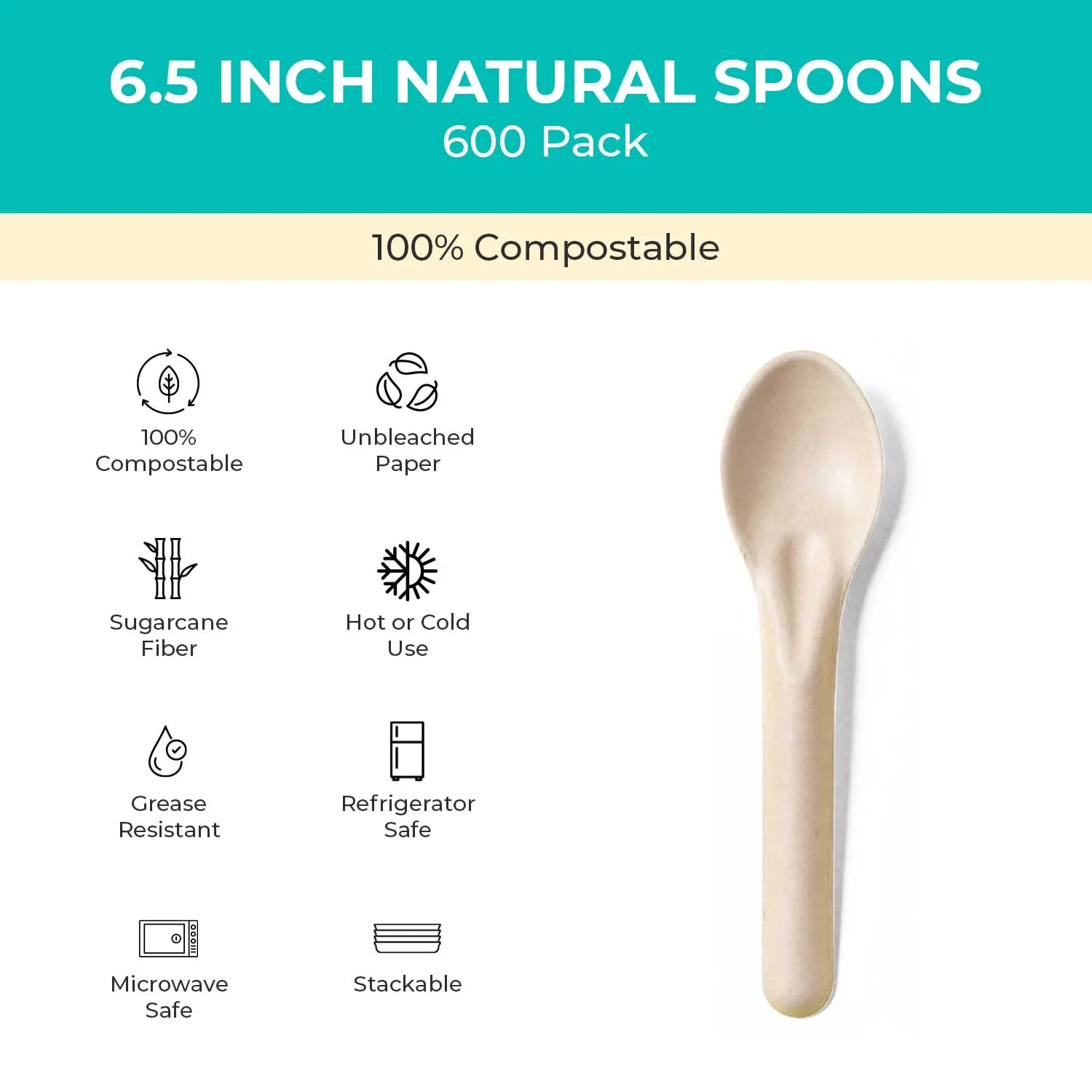 6.5 inch Renewable Fiber (Paper) Spoons (200 or 600 Packs), PFAS, Bleach Free, BPI Certified, Compostable