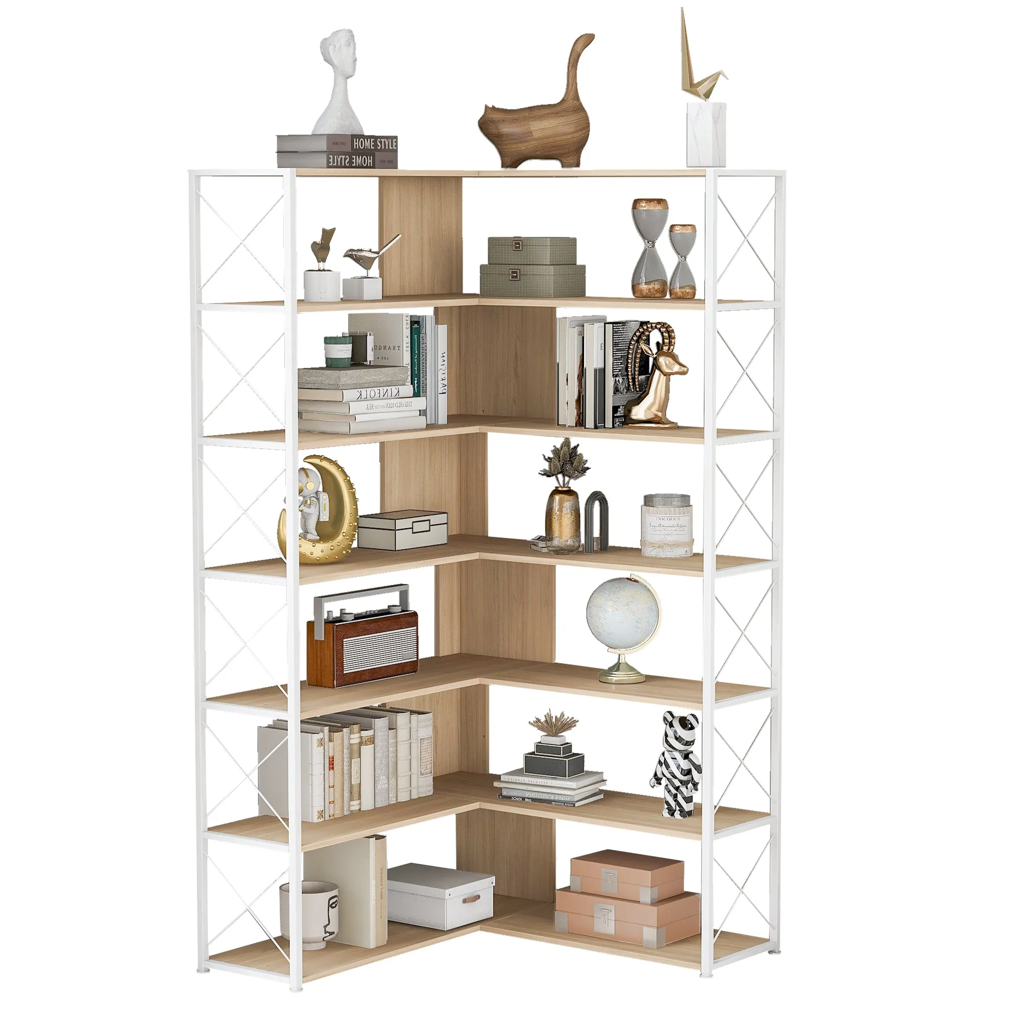 7-Tier Bookcase Home Office Bookshelf,  L-Shaped Corner Bookcase with Metal Frame, Industrial Style Shelf with Open Storage, MDF Board