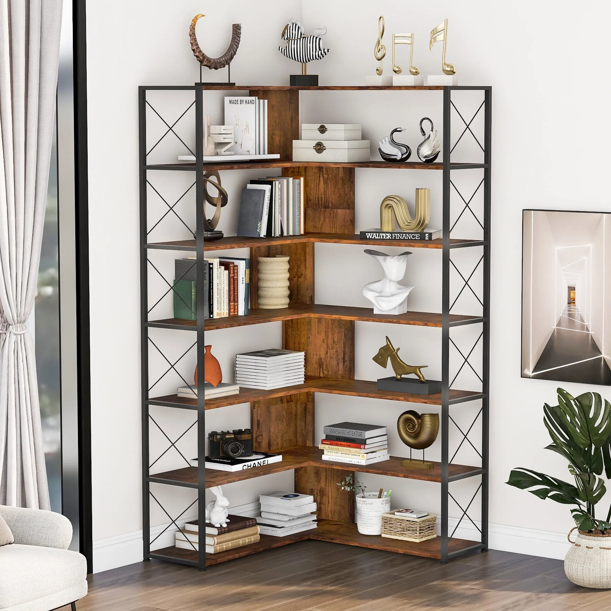 7-Tier Bookcase Home Office Bookshelf,  L-Shaped Corner Bookcase with Metal Frame, Industrial Style Shelf with Open Storage, MDF Board