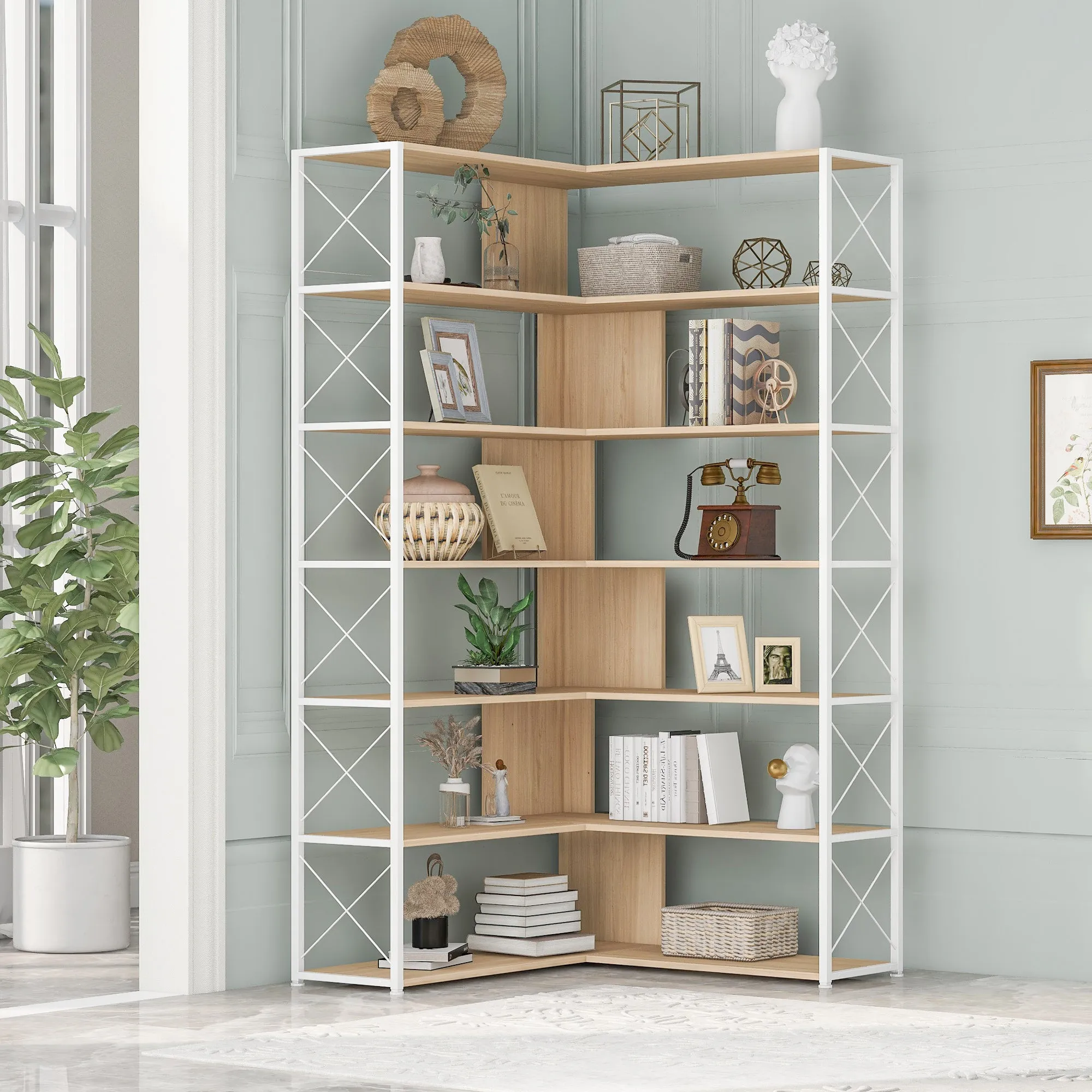 7-Tier Bookcase Home Office Bookshelf,  L-Shaped Corner Bookcase with Metal Frame, Industrial Style Shelf with Open Storage, MDF Board