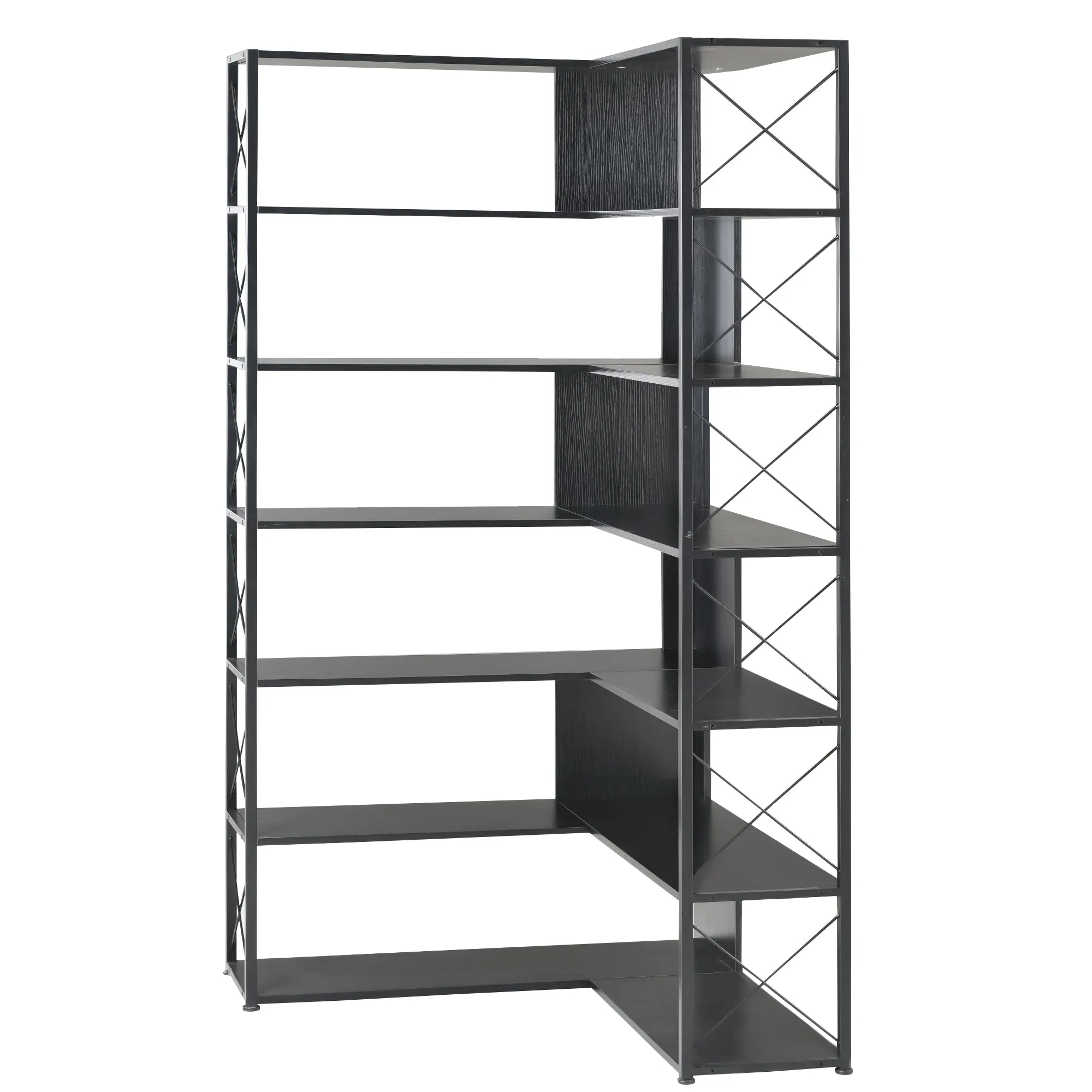 7-Tier Bookcase Home Office Bookshelf,  L-Shaped Corner Bookcase with Metal Frame, Industrial Style Shelf with Open Storage, MDF Board