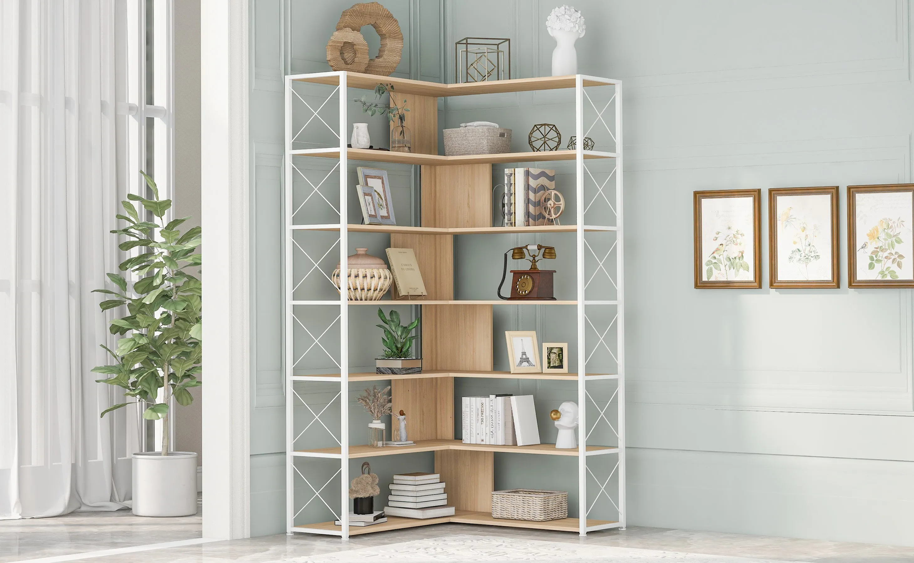 7-Tier Bookcase Home Office Bookshelf,  L-Shaped Corner Bookcase with Metal Frame, Industrial Style Shelf with Open Storage, MDF Board