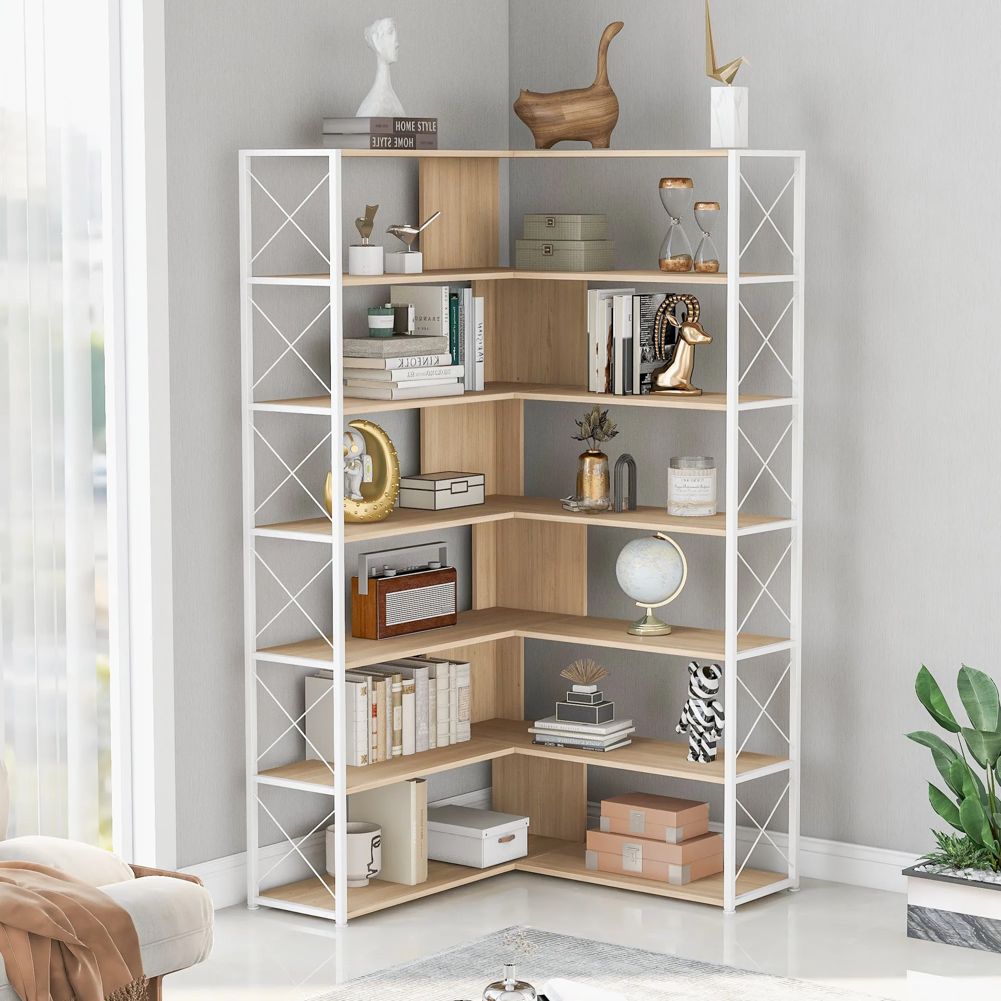 7-Tier Bookcase Home Office Bookshelf,  L-Shaped Corner Bookcase with Metal Frame, Industrial Style Shelf with Open Storage, MDF Board