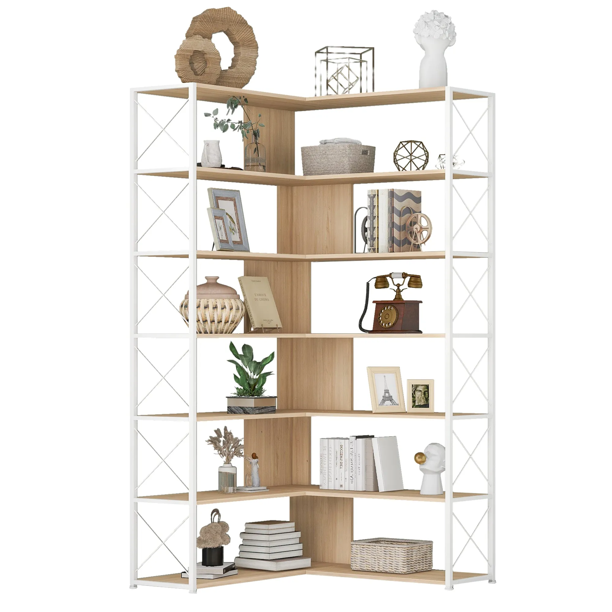 7-Tier Bookcase Home Office Bookshelf,  L-Shaped Corner Bookcase with Metal Frame, Industrial Style Shelf with Open Storage, MDF Board