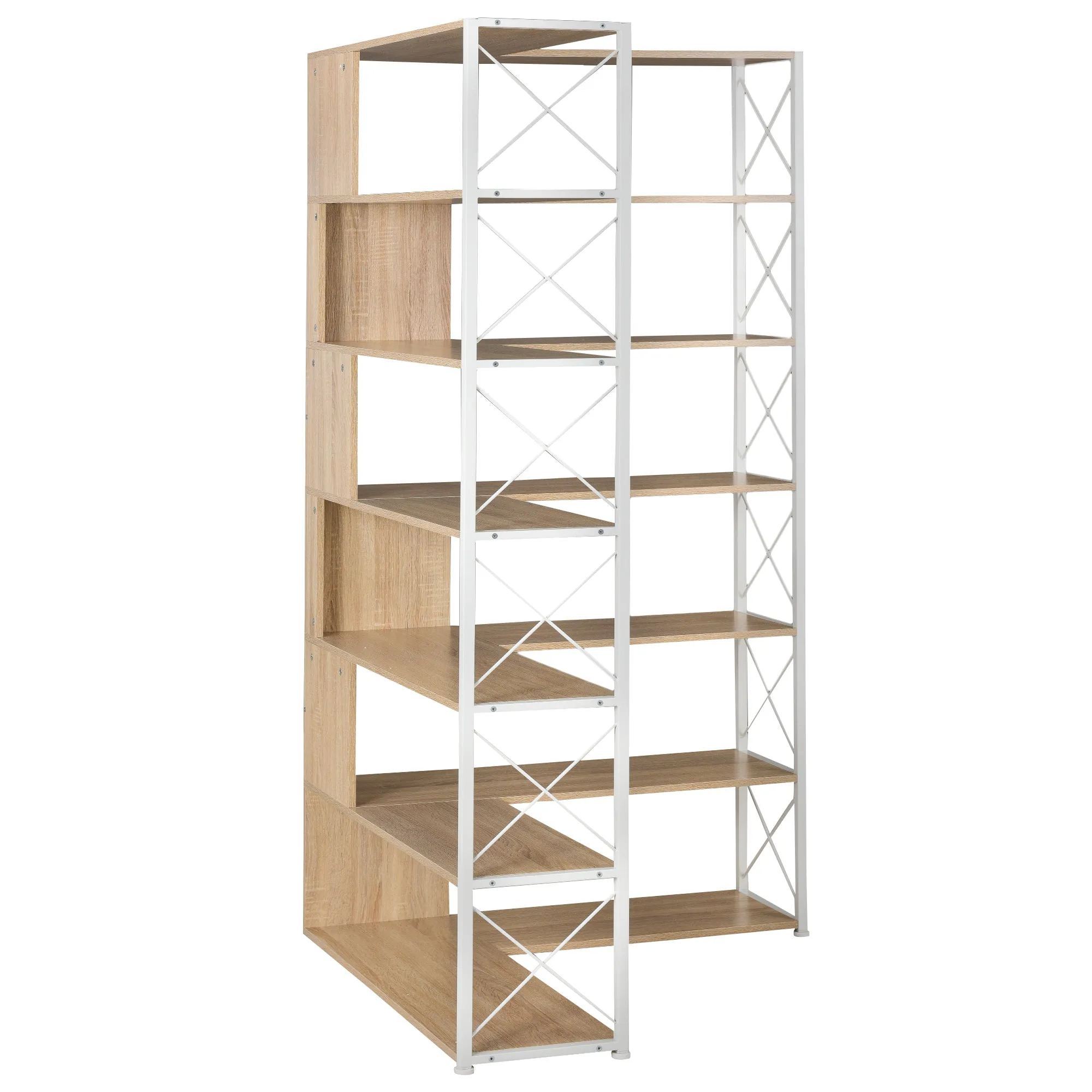 7-Tier Bookcase Home Office Bookshelf,  L-Shaped Corner Bookcase with Metal Frame, Industrial Style Shelf with Open Storage, MDF Board