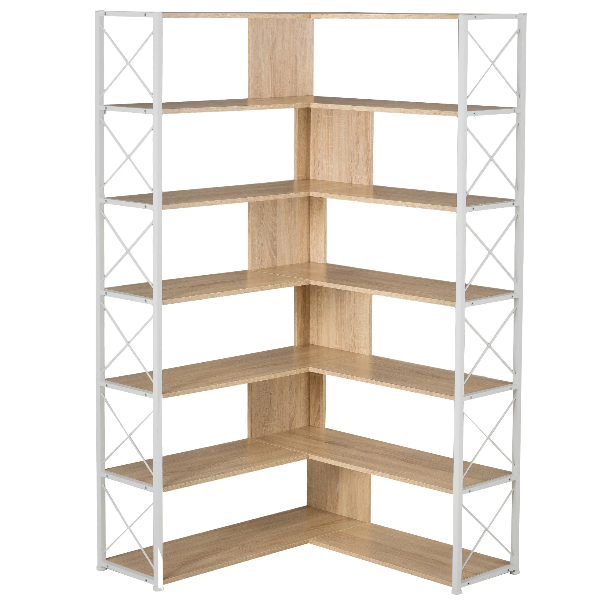 7-Tier Bookcase Home Office Bookshelf,  L-Shaped Corner Bookcase with Metal Frame, Industrial Style Shelf with Open Storage, MDF Board