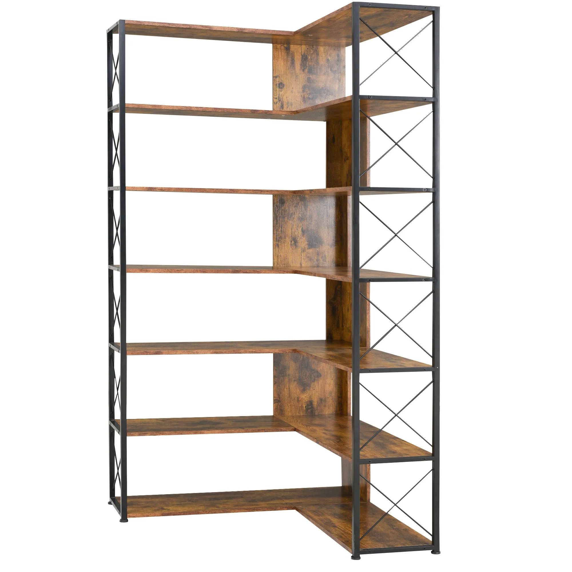 7-Tier Bookcase Home Office Bookshelf,  L-Shaped Corner Bookcase with Metal Frame, Industrial Style Shelf with Open Storage, MDF Board