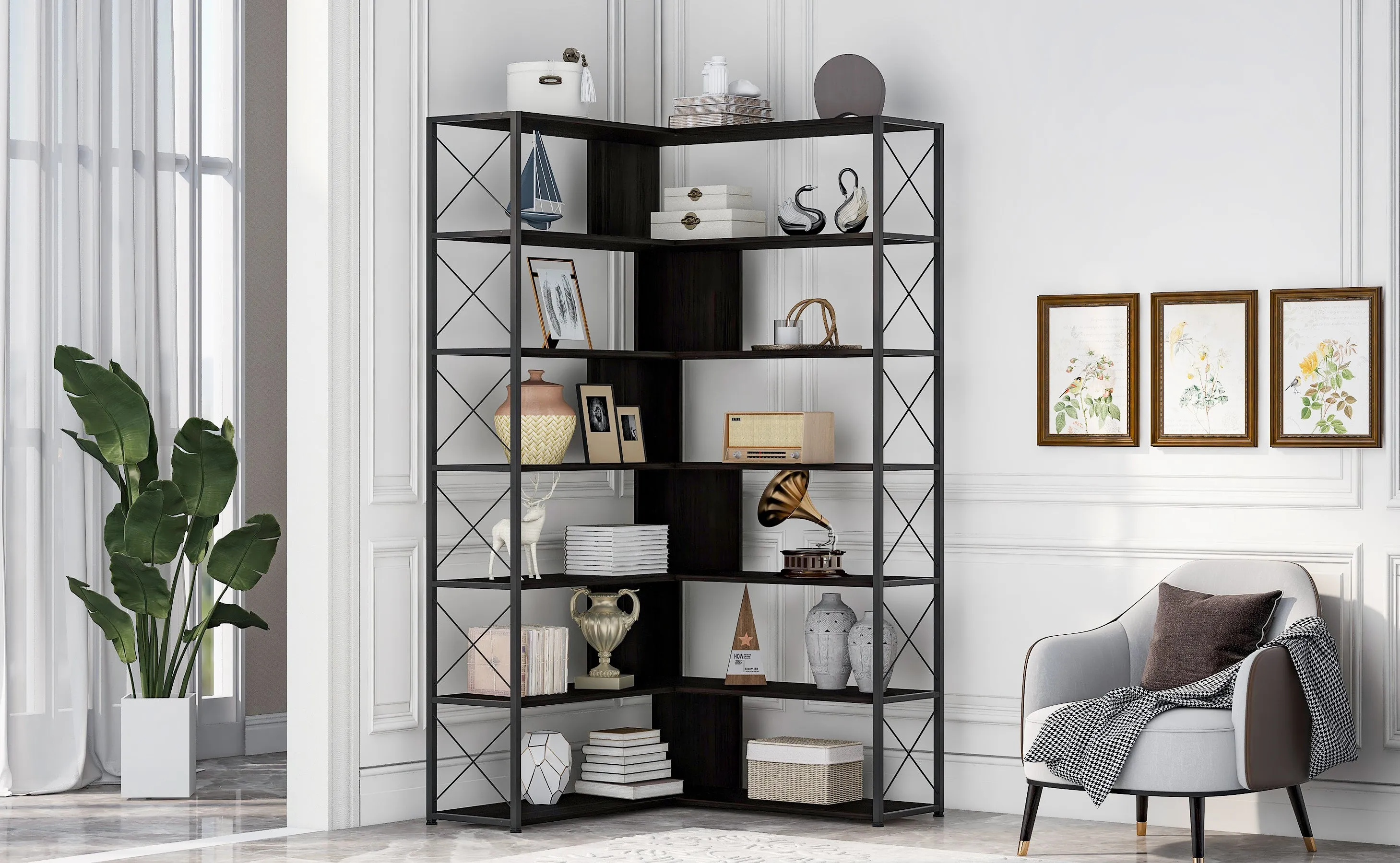 7-Tier Bookcase Home Office Bookshelf,  L-Shaped Corner Bookcase with Metal Frame, Industrial Style Shelf with Open Storage, MDF Board