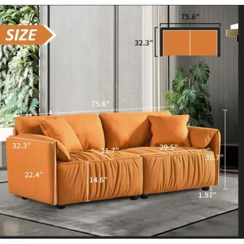 75.6" Modern Tech Cloth Loveseat, Deep Seat Sofa with Hardwood Frame, Mid-Century Upholstered (Orange)