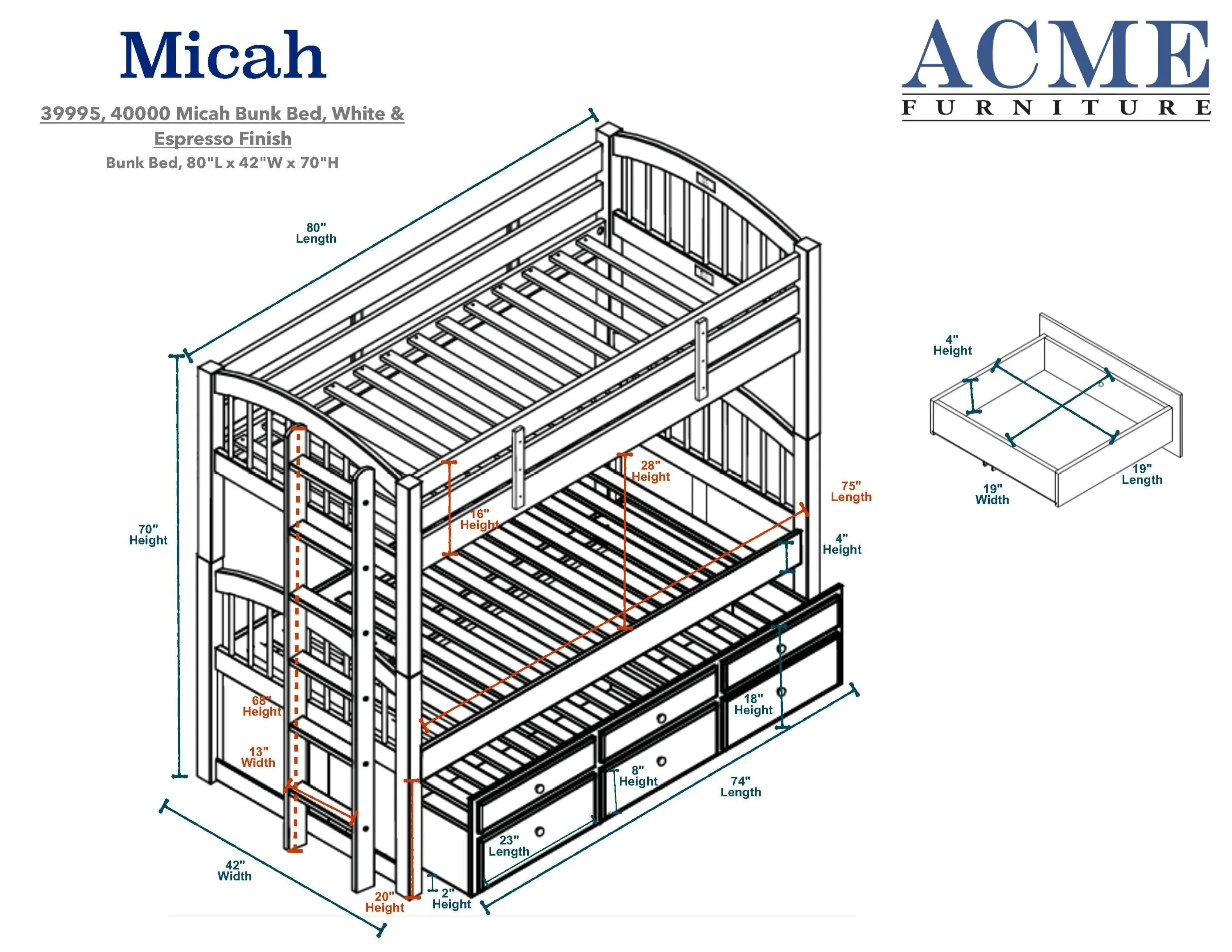 ACME Micah Bunk Bed & Trundle (Twin/Twin) in Espresso 40000