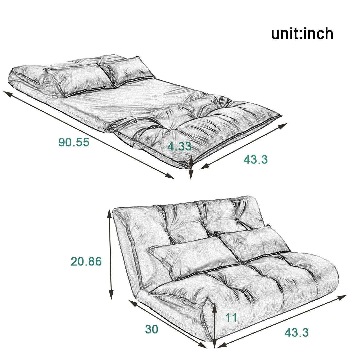 Adjustable Folding Futon Lazy Sofa for Video Gaming, Includes Two Pillows