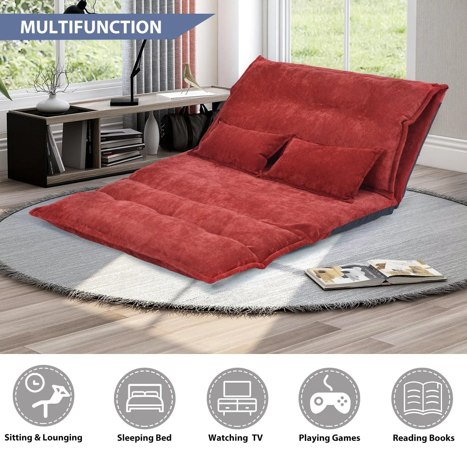 Adjustable Folding Futon Lazy Sofa for Video Gaming, Includes Two Pillows