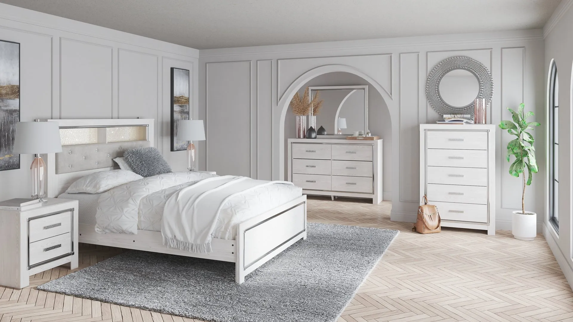 Altyra Queen Panel Bookcase Bed with Mirrored Dresser, Chest and Nightstand