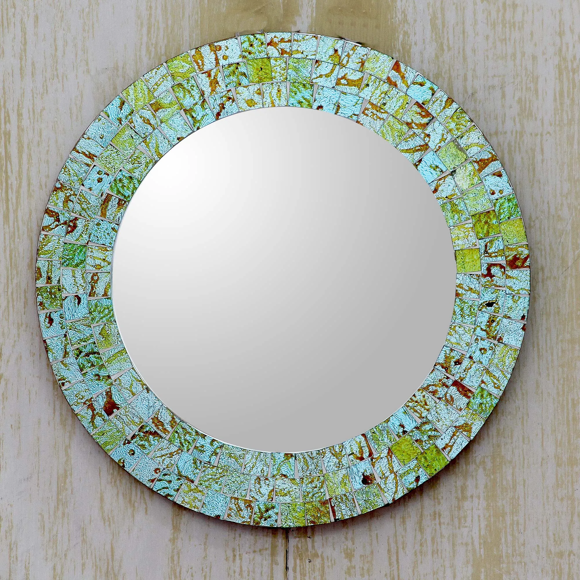 Aqua Splash Aqua and Lime Round Glass Mosaic Mirror from India