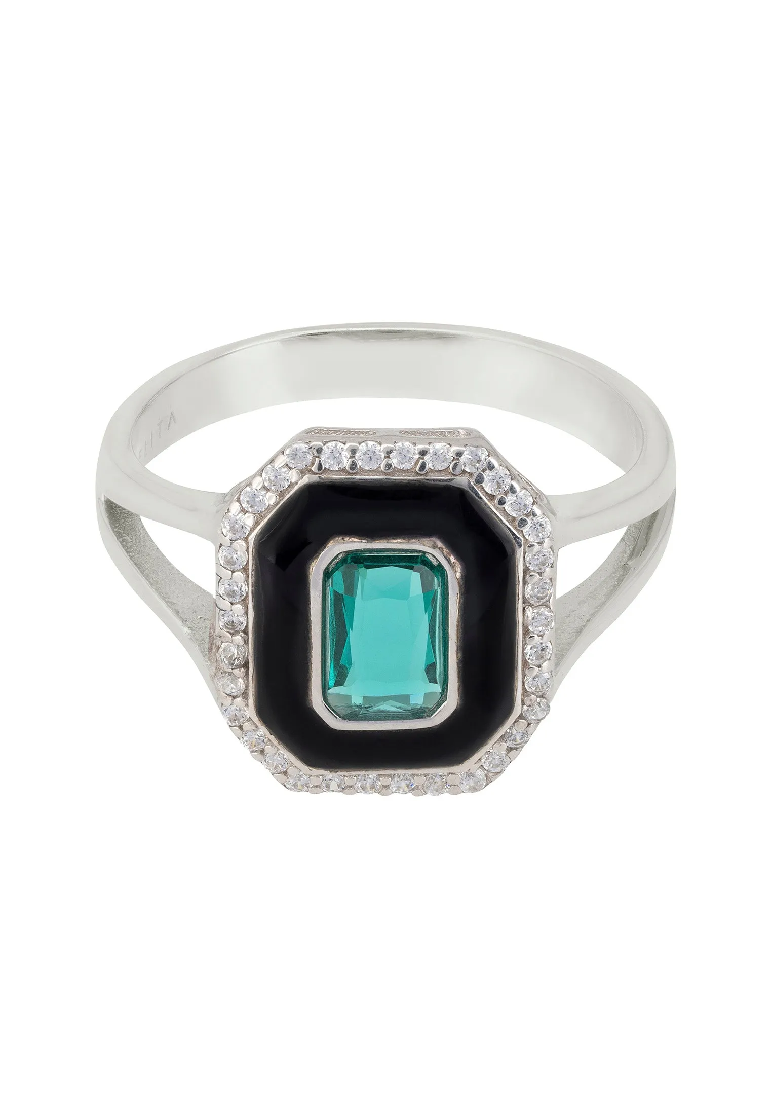 Art Deco Emerald And Enamel Cocktail Ring Silver