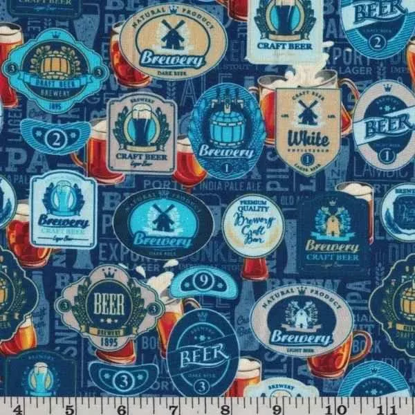 Beer Label Fabric in Amber, Black and Blue, Premium Cotton