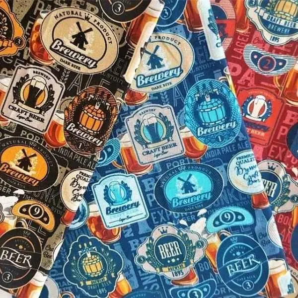 Beer Label Fabric in Amber, Black and Blue, Premium Cotton