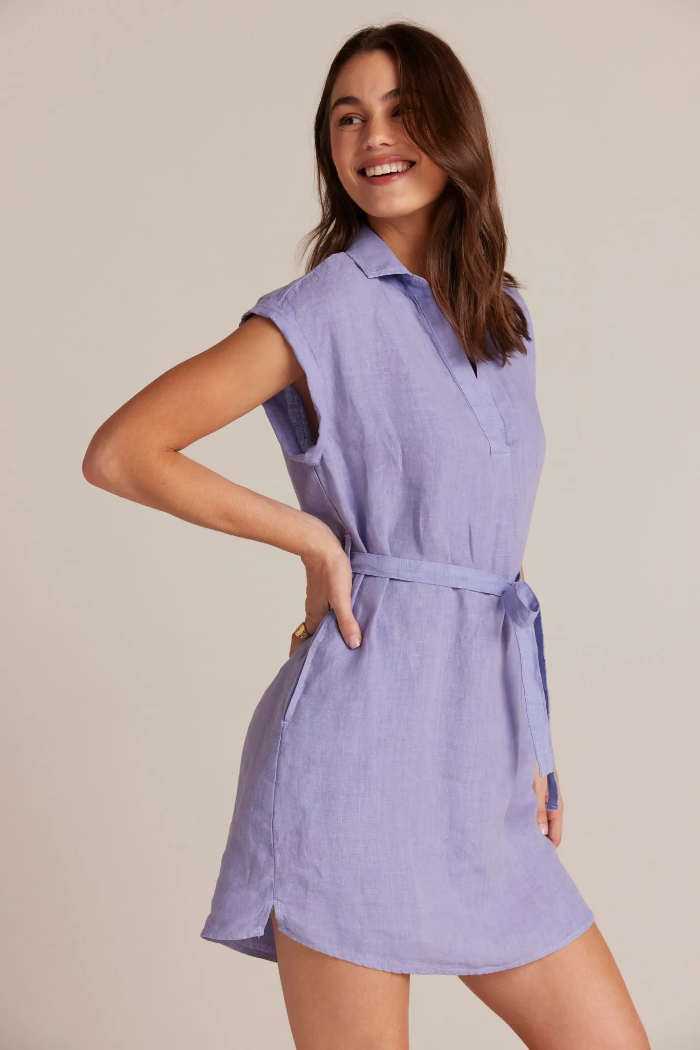 Belted Linen  Shirt Dress - Purple Iris