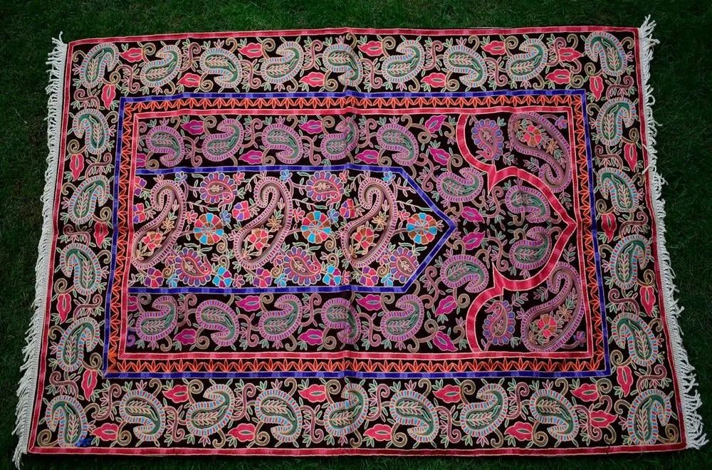 Black Colour With Multi Colour Thread Kashmiri Aari Work Prayer Rug