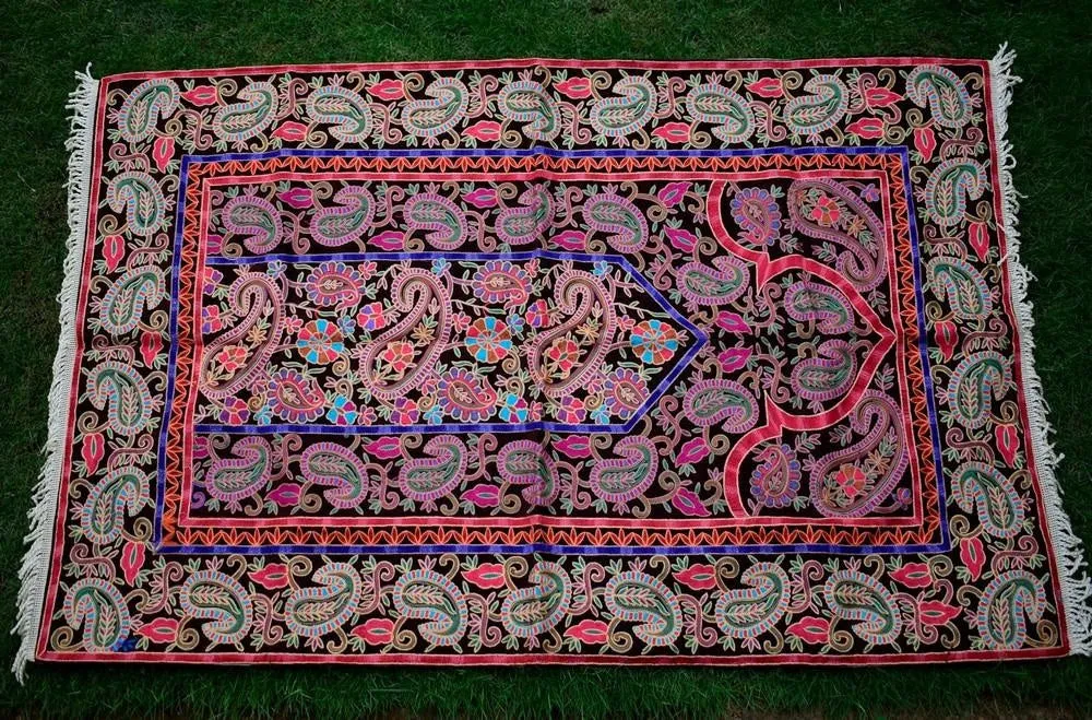 Black Colour With Multi Colour Thread Kashmiri Aari Work Prayer Rug