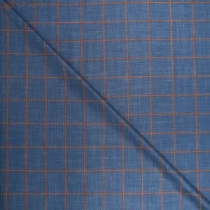 Blue and Burnt Orange Windowpane Ariston Wool, Silk and Linen Blend Fabric