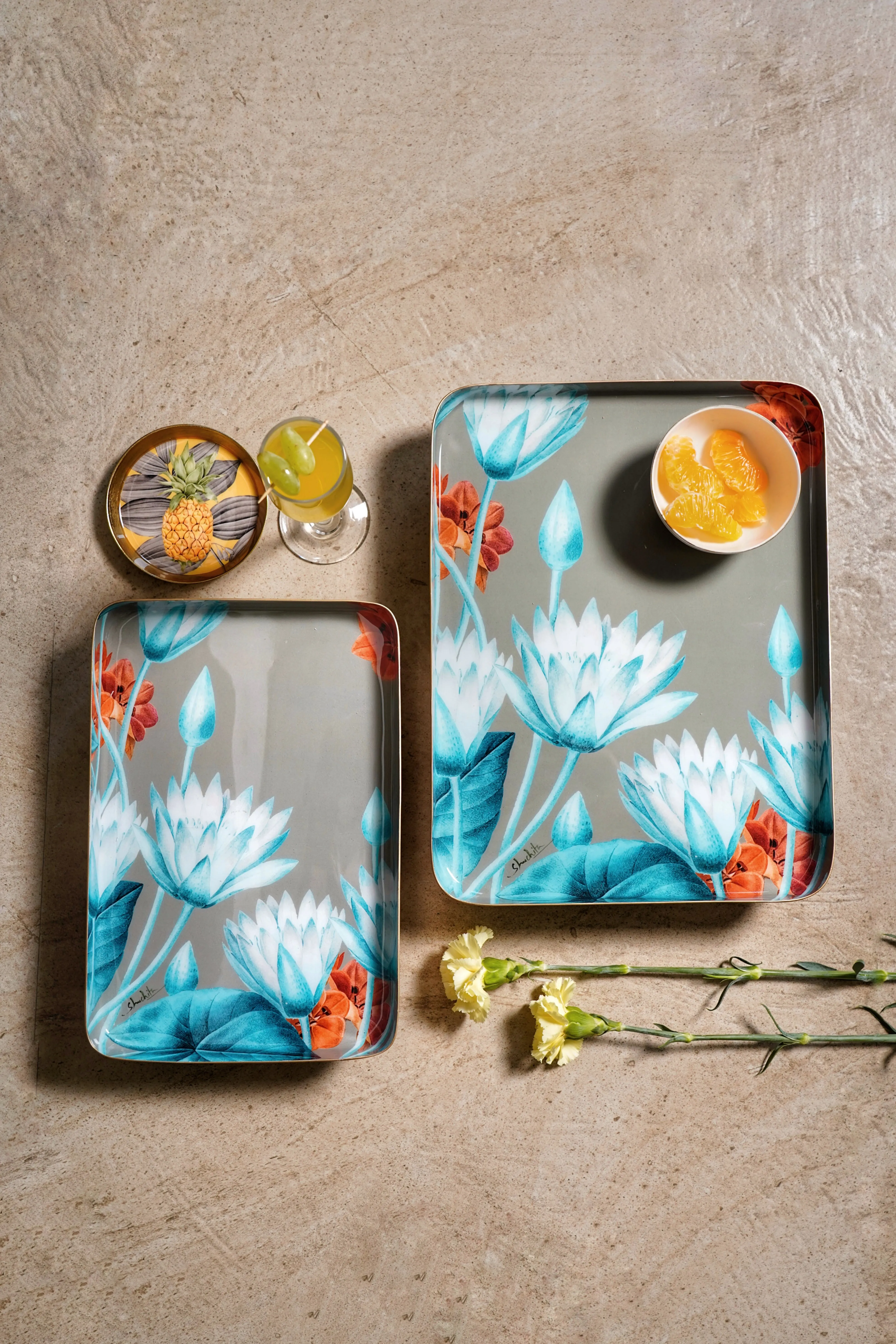 Blue Lotus Aluminium Tray Set of 2