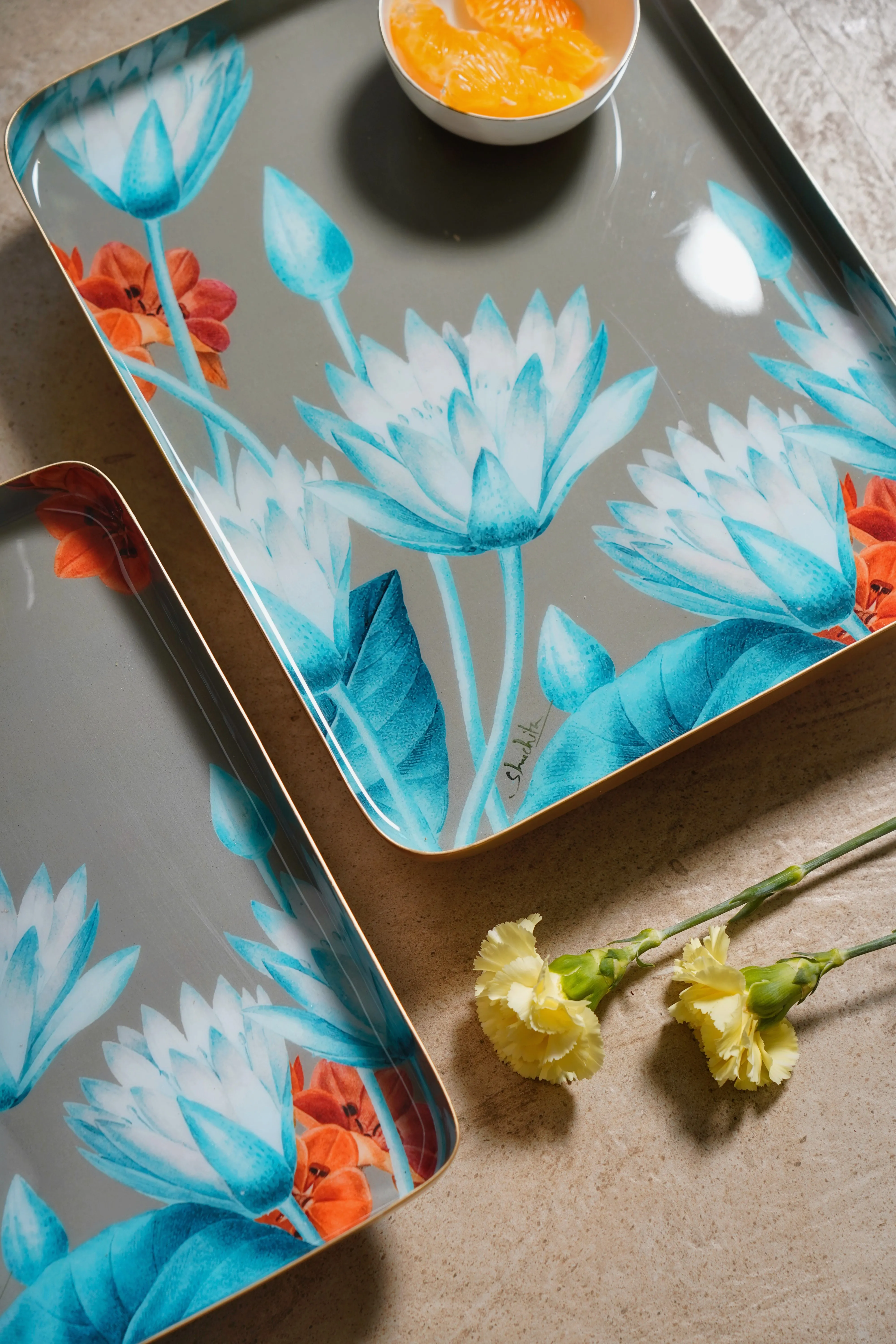 Blue Lotus Aluminium Tray Set of 2