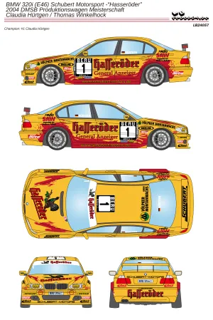 BMW 320i (E46) Schubert Motorsport “Hasseröder” 2004 DMSB Produktionswagen Meisterschaft  (1/24 decals)