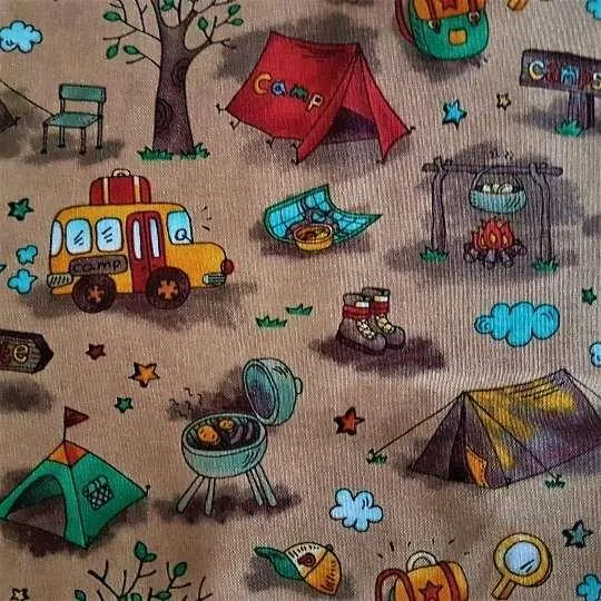 Camping Fabric Campsite with Tents on Brown Background