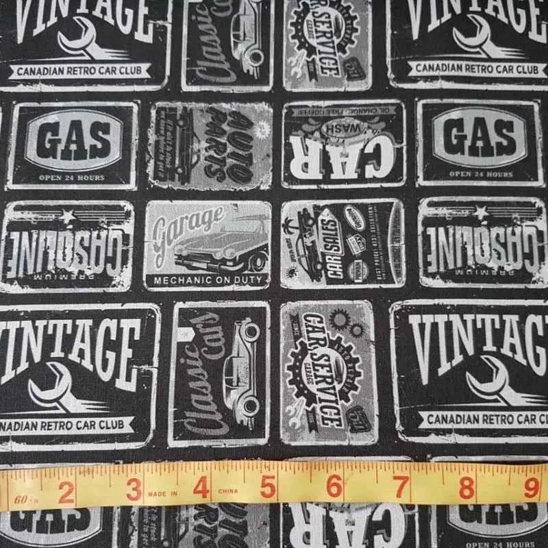 Car, Gas, Black Gray Retro Car Signs Fabric