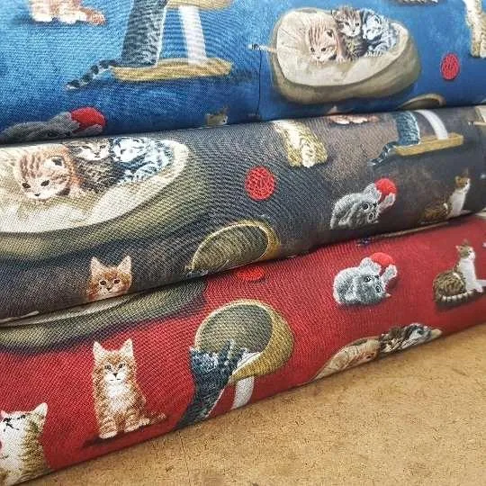 Cat Fabric Playful Cats on Blue, Brown or Red Background