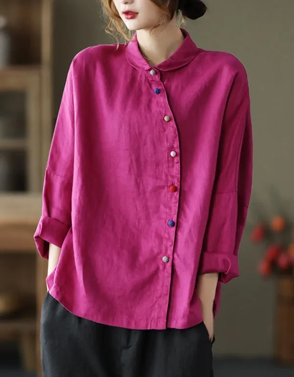 Color Button Retro Rich Linen Shirt