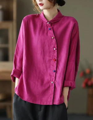 Color Button Retro Rich Linen Shirt