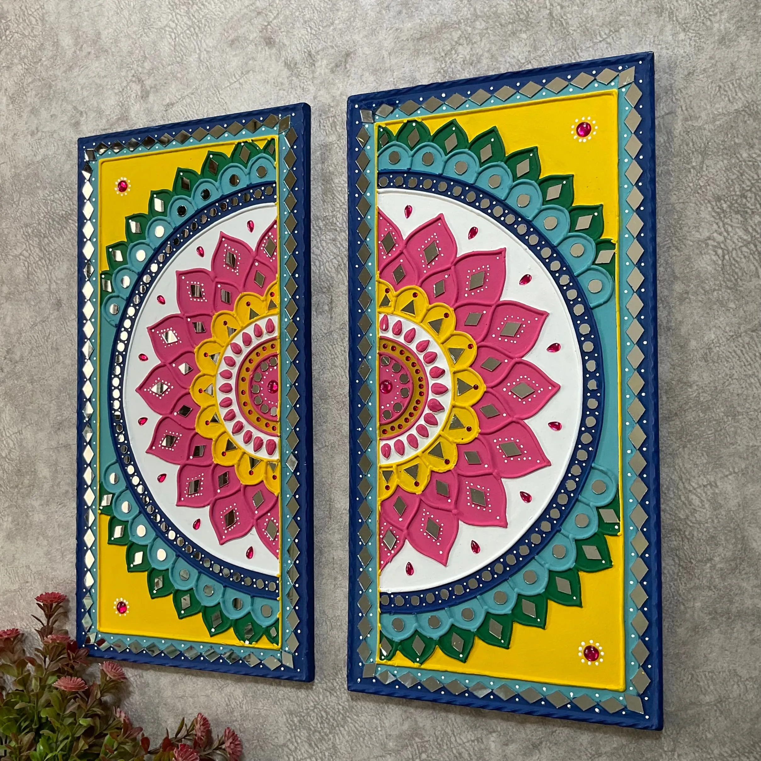 Colourful Flower Rangoli Lippan Wall Hanging - Clay Mirror Wall Decor